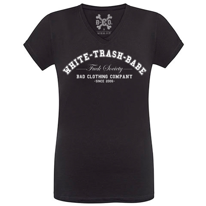 White Trash Babe - Fuck Society, V-Neck Girls Tee, schwarz / black