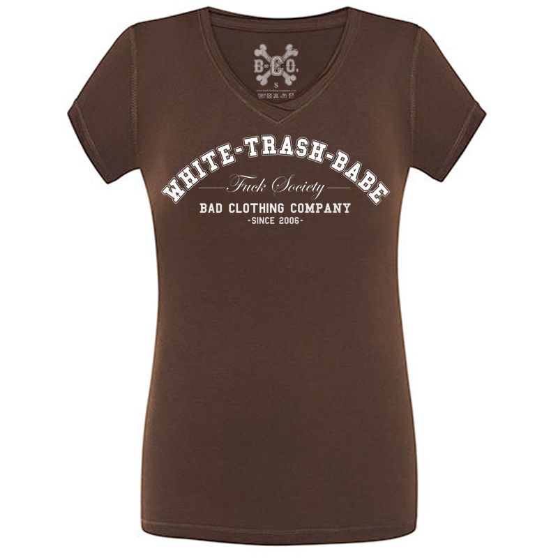 White Trash Babe - Fuck Society, V-Neck Girls Tee, braun / brown