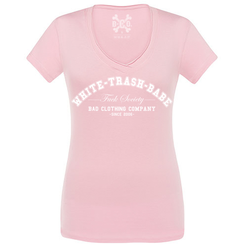 White Trash Babe - Fuck Society, V-Neck Girls Tee, rosa / rose