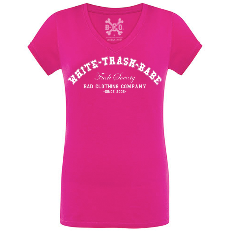 White Trash Babe - Fuck Society, V-Neck Girls Tee, fuchsia / pink