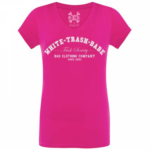 White Trash Babe - Fuck Society, V-Neck Girls Tee, fuchsia / pink